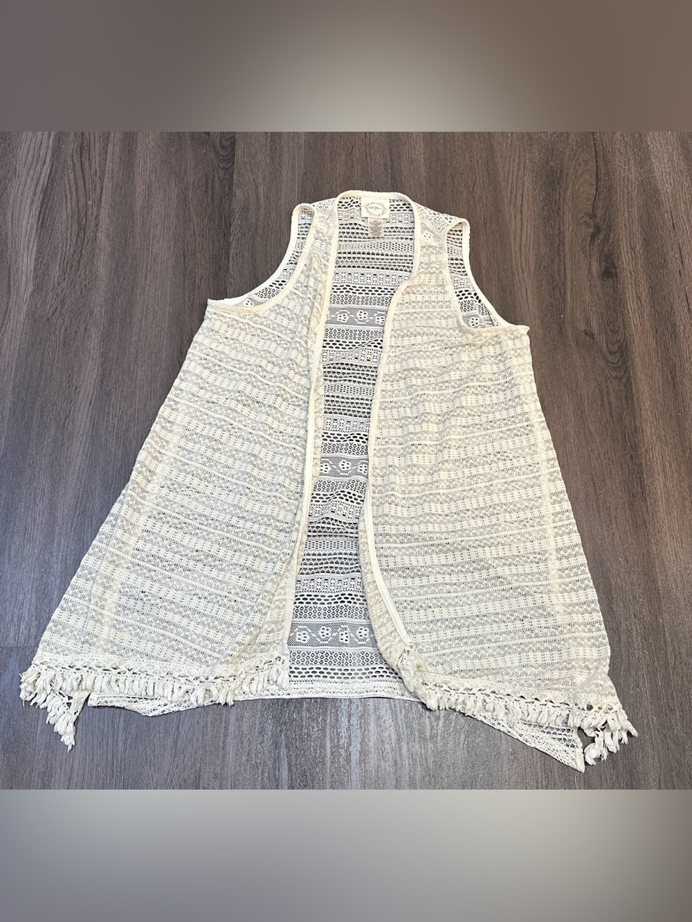 Boho Fringe Crochet Lace Vest Large Ivory Open Front Festival Style - Picture 5 of 10